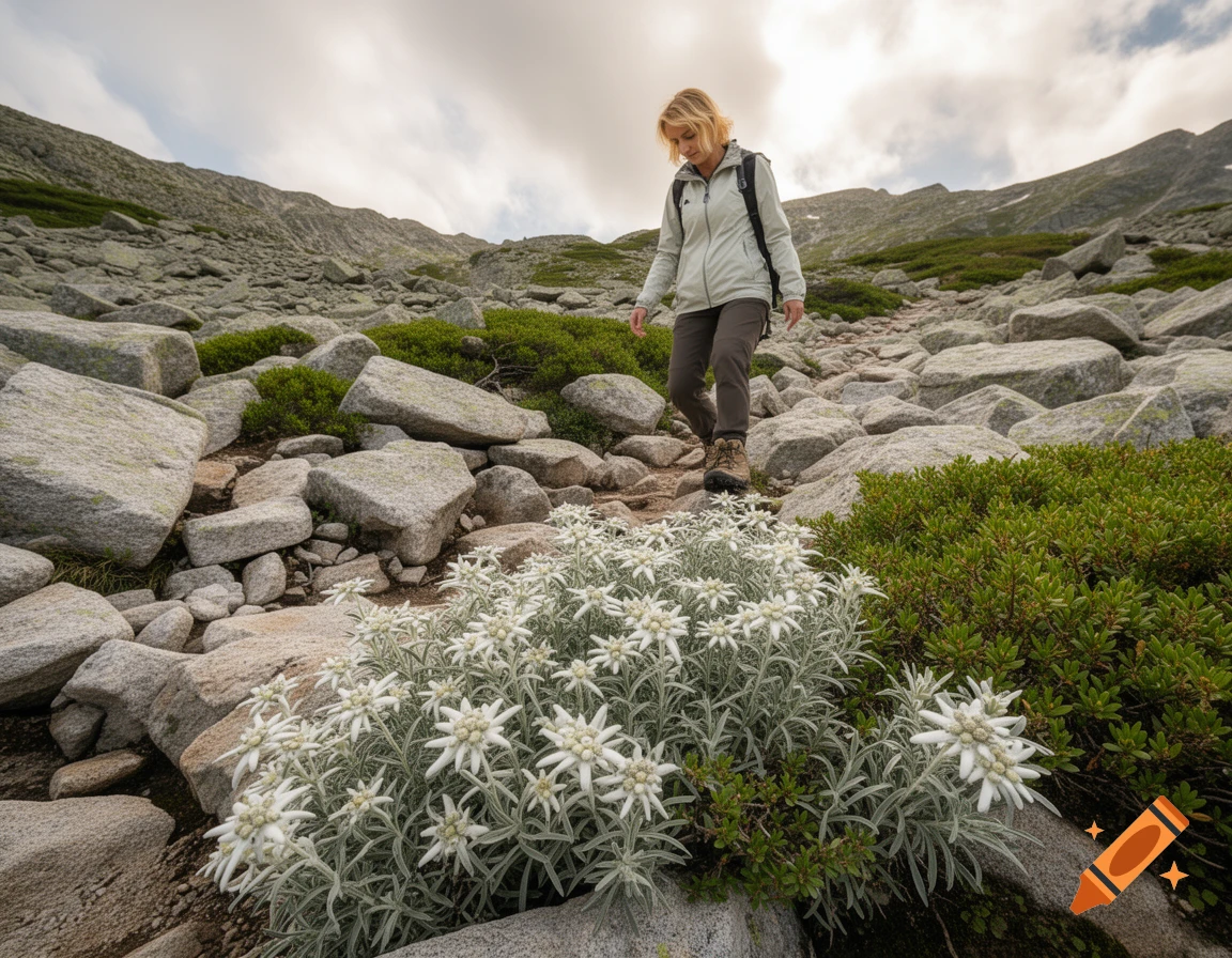 Blonde woman hikes down a rocky mountain path past white edelweiss flowers under a cloudy sky.