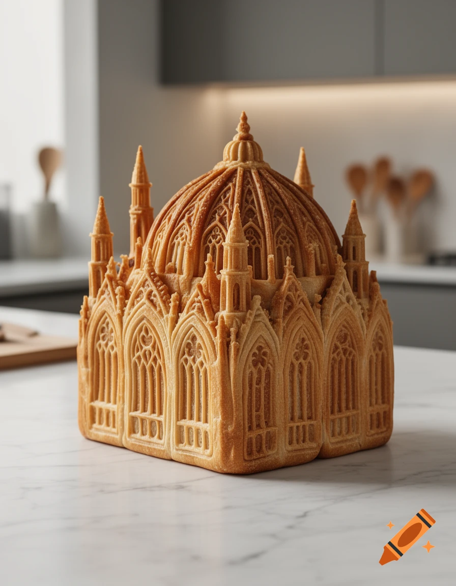 A highly detailed bread sculpture shaped like a gothic cathedral, featuring intricate arches and spires, sits on a marble kitchen counter.