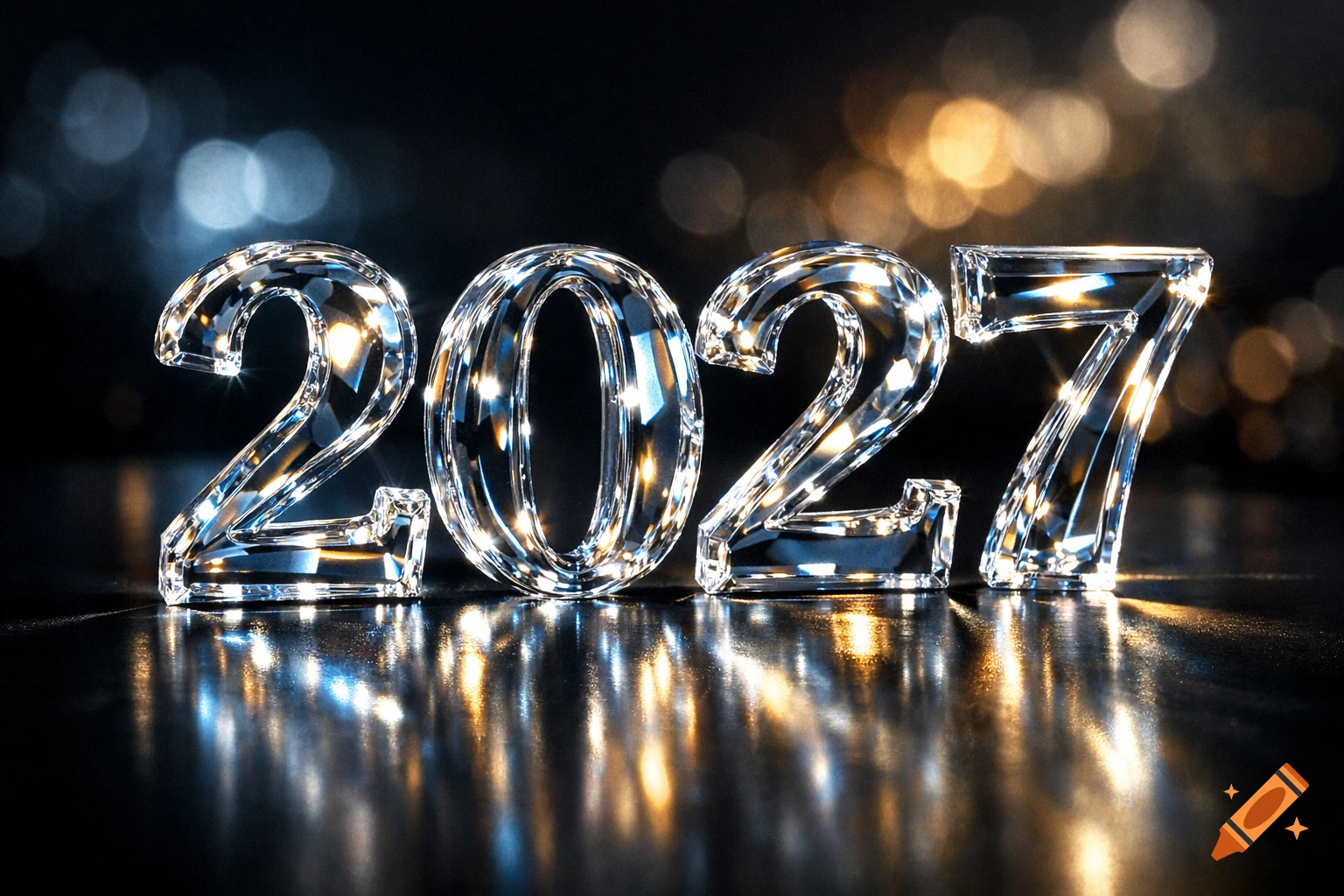 Shiny, shimmering glass numbers "2027" reflecting light on a dark surface with blurred bokeh lights.