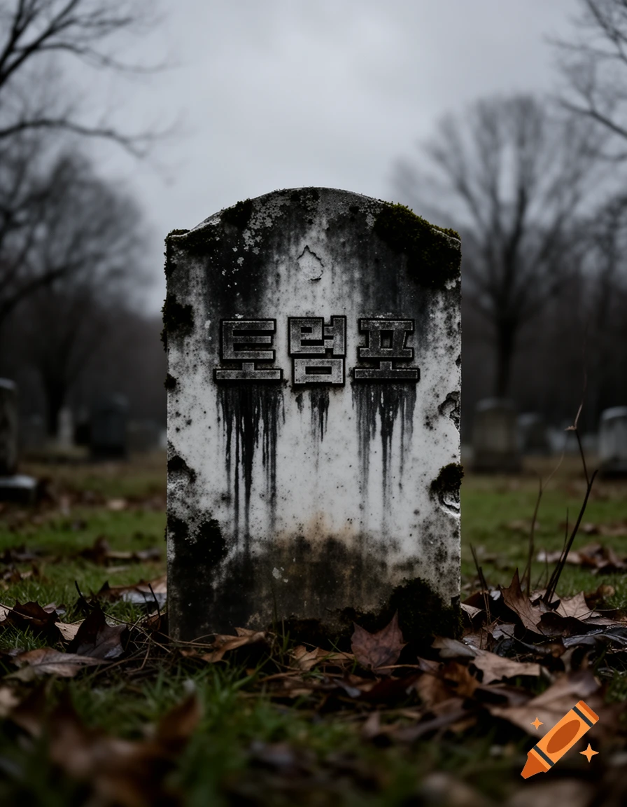Close-up of an old, dirty tombstone with Korean text "트럼프" in a gloomy cemetery with fallen leaves.
