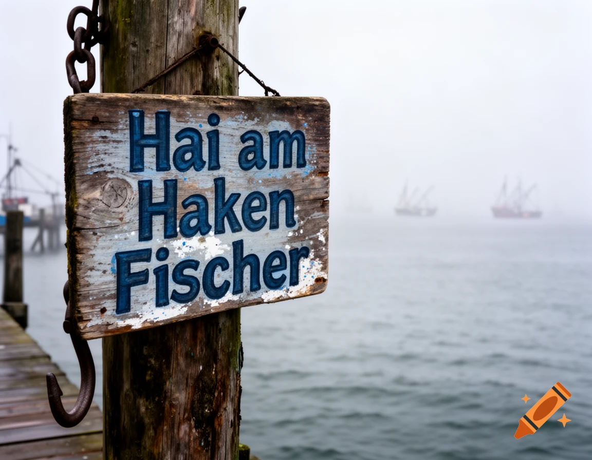 A weathered wooden sign on a pier reads "Hai am Haken Fischer" in blue letters, with foggy water and fishing boats in the background.