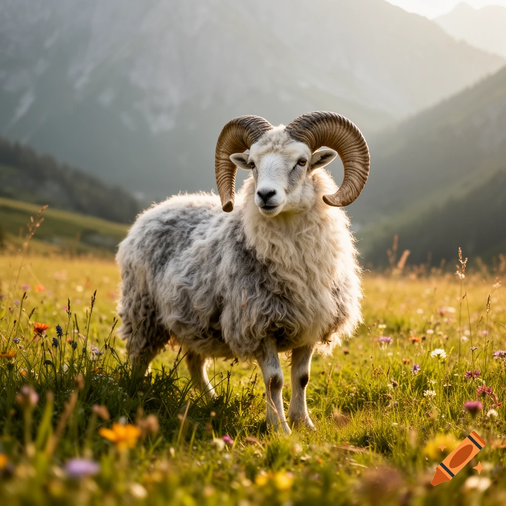 A majestic ram with large curled horns stands in a sunlit mountain meadow filled with wildflowers, with mountains in the background.