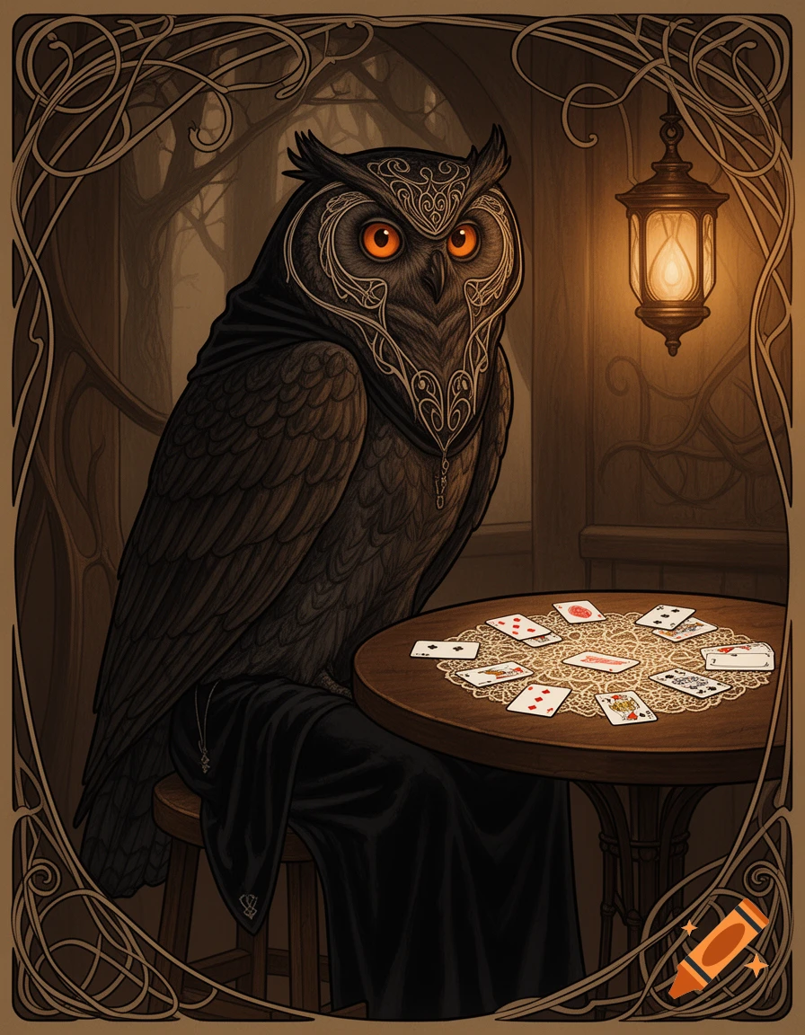 Detailed art nouveau style dark fantasy portrait of a Stygian Owl creature in a dark cloak, sitting at a tavern table playing solitaire, with a lantern glowing beside it.