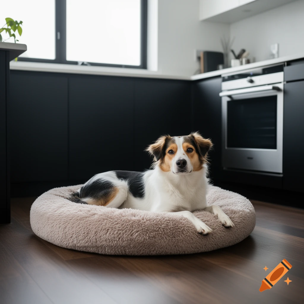 A tricolor dog lies in a fluffy dog bed on a wooden floor in a modern kitchen.