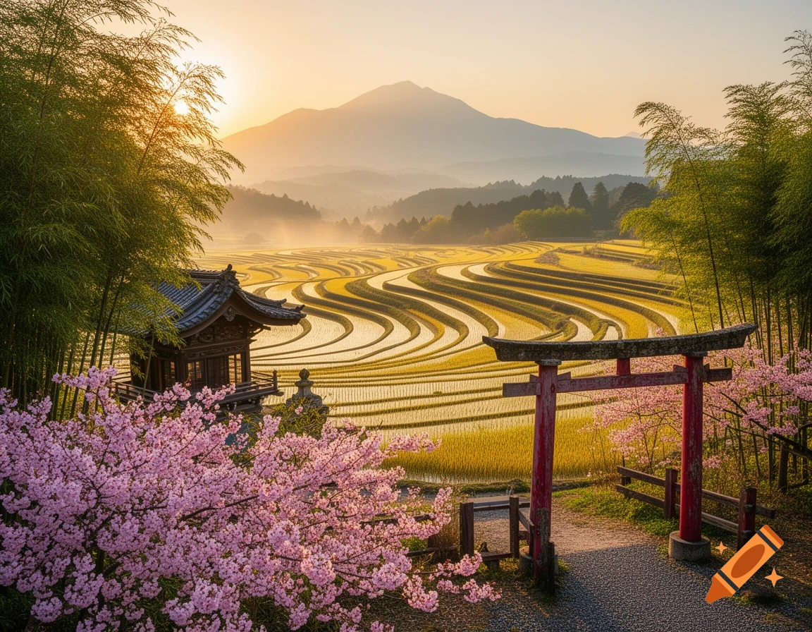 A serene Japanese landscape with terraced rice fields, a traditional building, and a red torii gate surrounded by blooming cherry blossoms and bamboo at sunset.