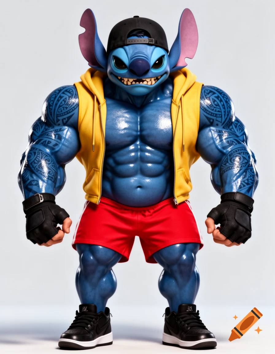 A muscular, blue Stitch bodybuilder with Polynesian tattoos, wearing a yellow sleeveless hoodie, red shorts, black cap, and black gloves, with a shiny oiled appearance.