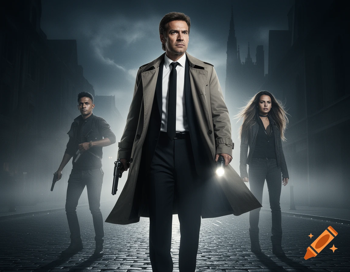 A man in a trench coat with a pistol and flashlight stands with two armed companions in a dark, misty city street at night, cinematic style.