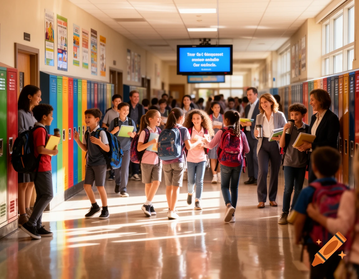 A busy school hallway with students and teachers walking between colorful lockers, bathed in sunlight.