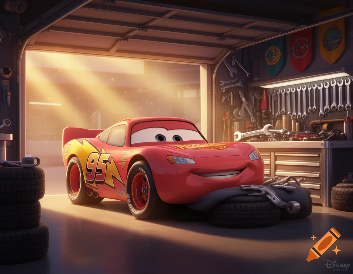 Lightning McQueen, the red race car, sits in a detailed garage with sunlight streaming from the open door, surrounded by tools.