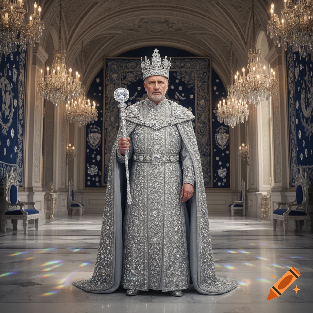 A regal king wearing an elaborate, diamond-encrusted silver robe and crown, holding a diamond scepter in a majestic palace hall.