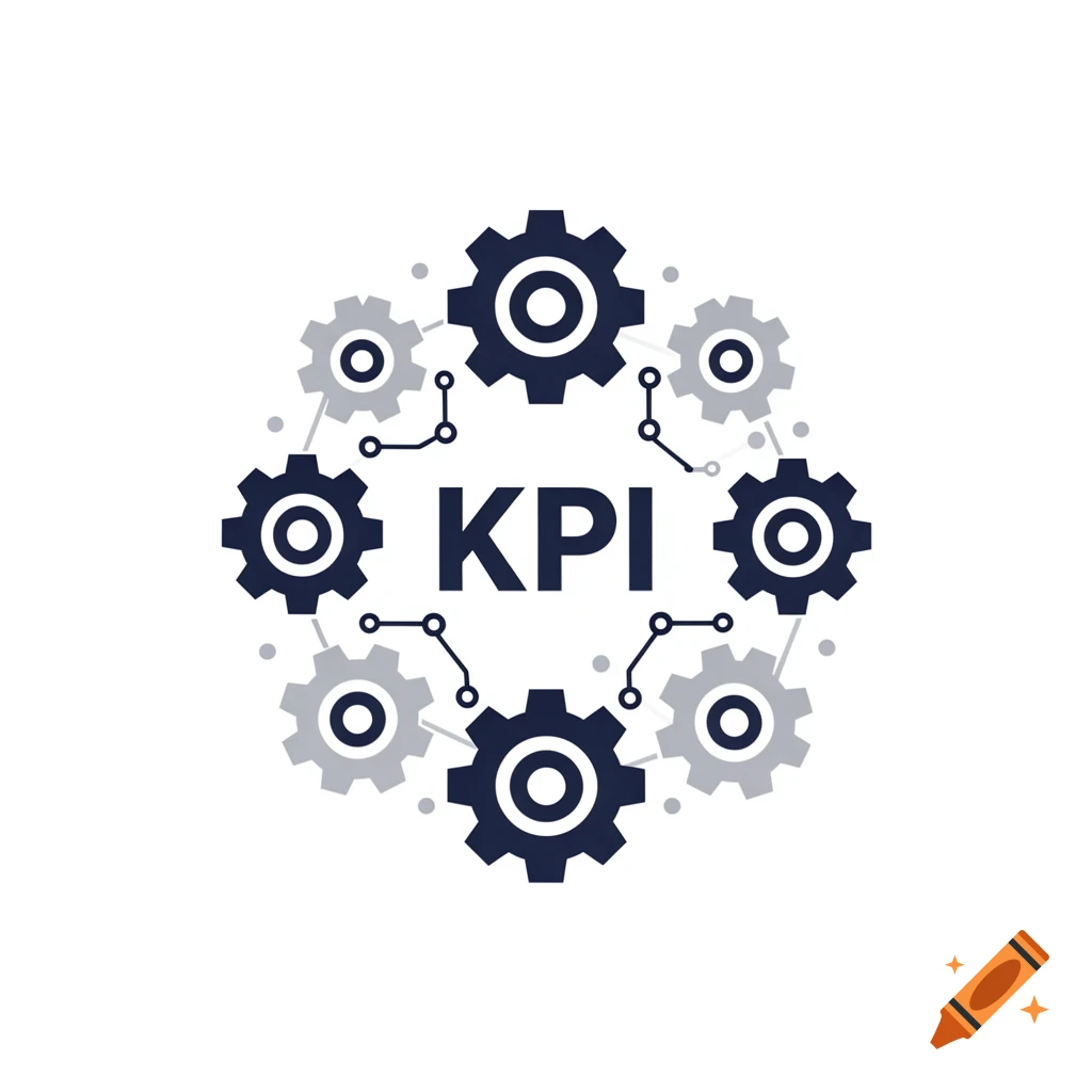 A vector icon with "KPI" in the center, surrounded by interconnected dark blue and light gray gears, linked by dotted lines, all on a white background.