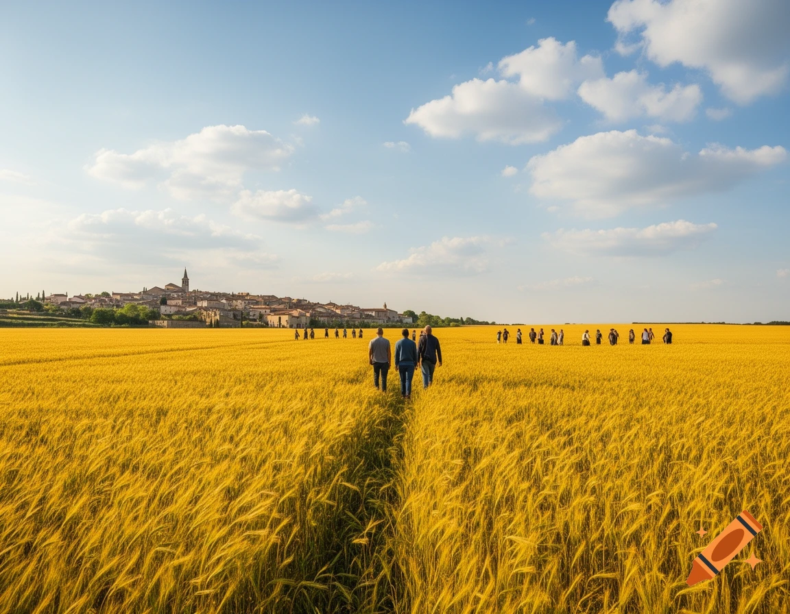 Three people walk along a path through a golden wheat field towards a distant village with a prominent church steeple under a blue sky with scattered clouds.