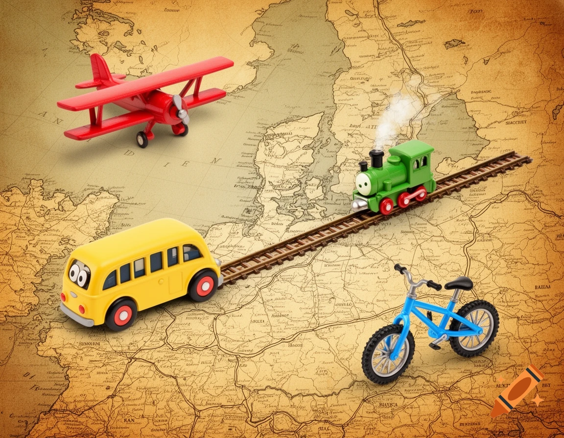 Toy red biplane, yellow bus, green train on tracks, and blue bicycle on a vintage map background.