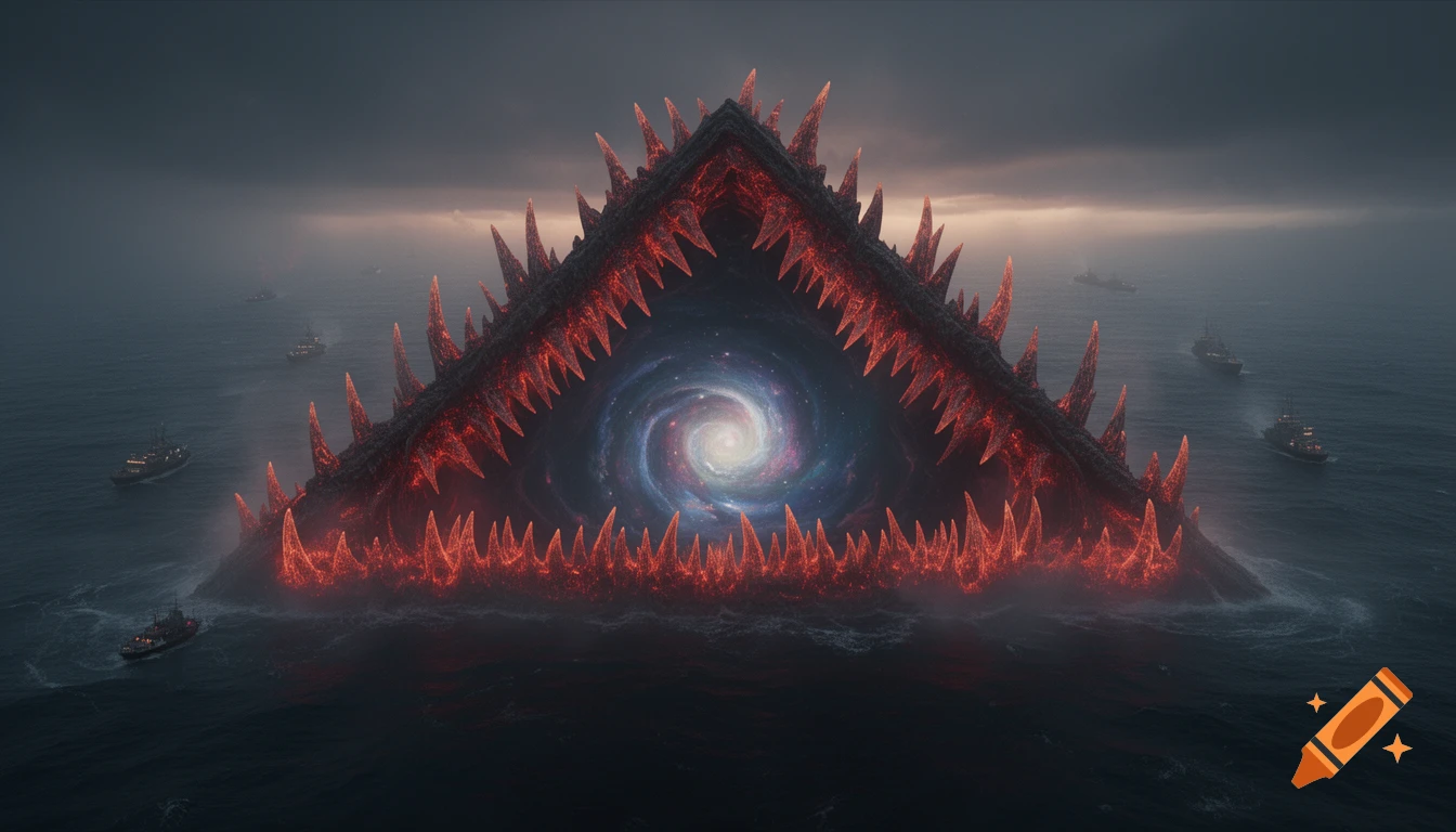 A colossal triangular sea entity with glowing red teeth and a swirling galaxy portal, dragging ships on a dark, ominous ocean.