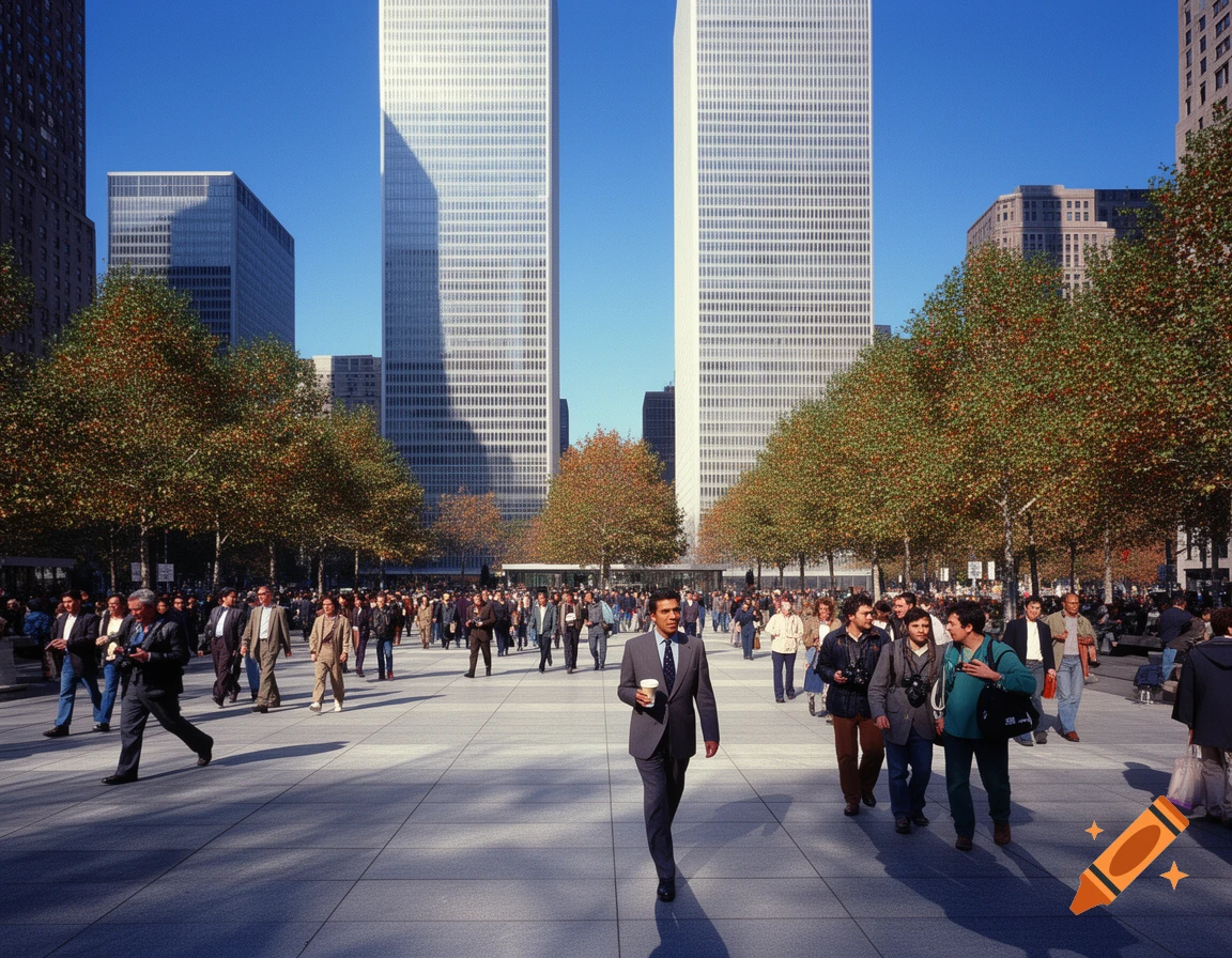 A sunny plaza with people walking between the Twin Towers and rows of autumn trees in a city.
