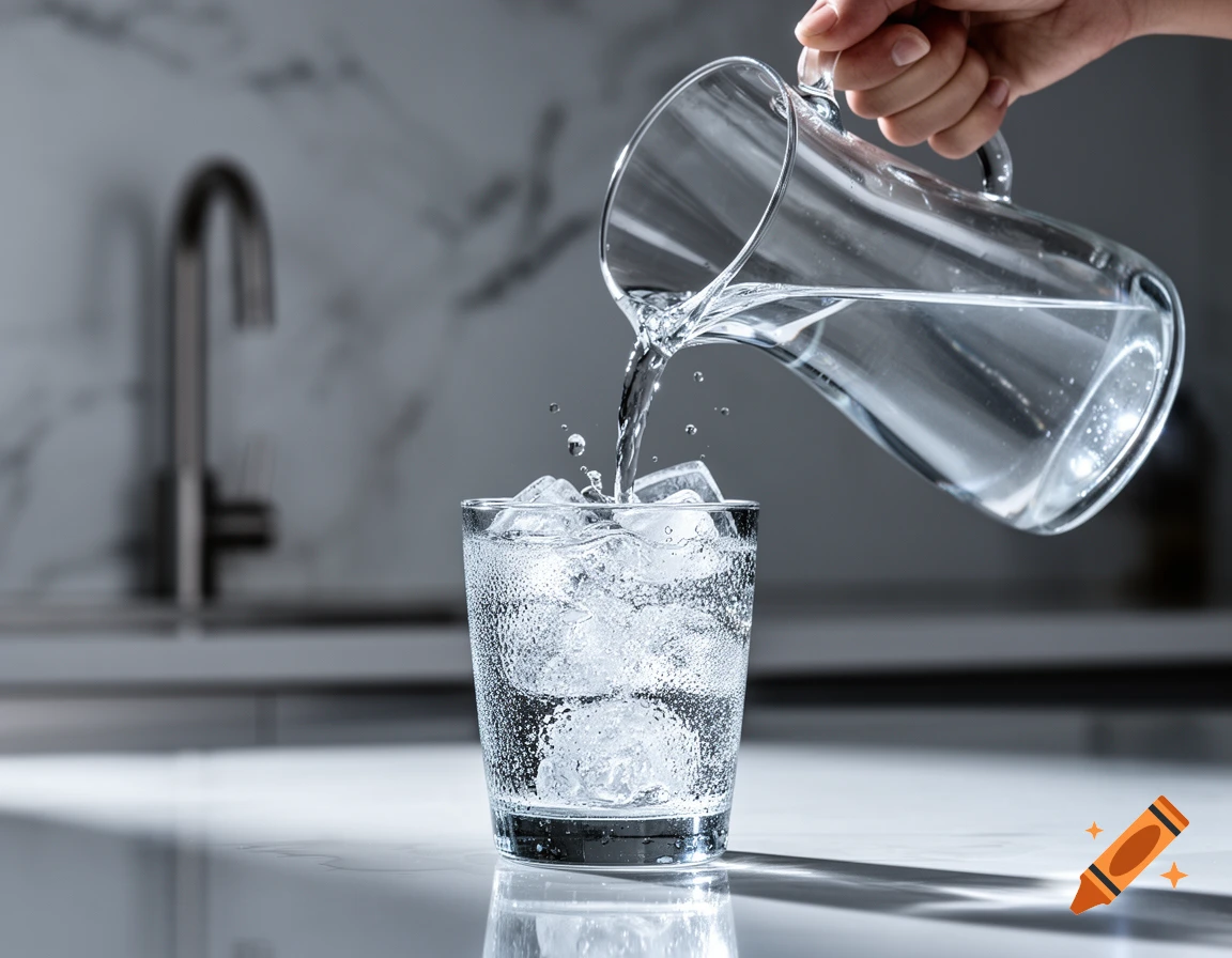 A hand pours clear water from a glass pitcher into a glass filled with ice and condensation on a kitchen counter.