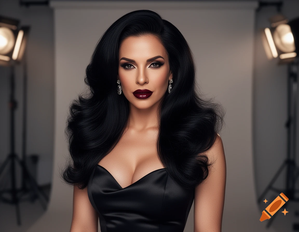 A glamorous woman with dark hair and red lipstick wears a black dress in a studio with lights.