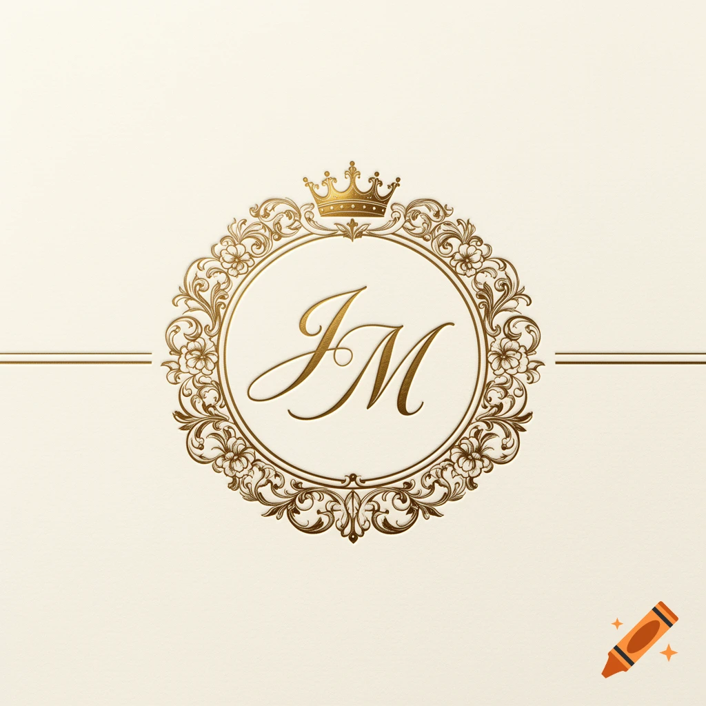 Luxurious gold 'JM' monogram logo with a crown and ornate floral frame on an ivory background.