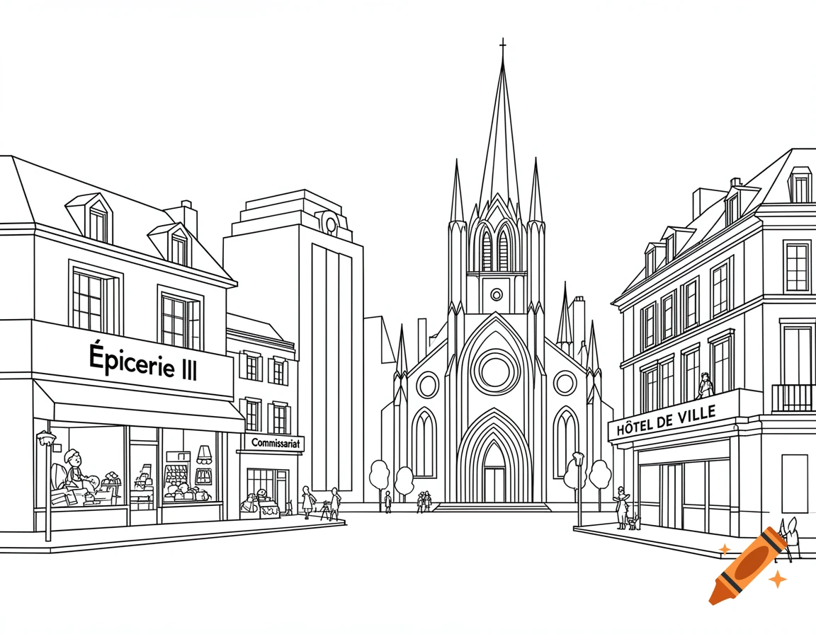 Black and white line drawing of a European city street, featuring a church, an "Épicerie III" store, a "Commissariat" building, and a "HÔTEL DE VILLE" building.
