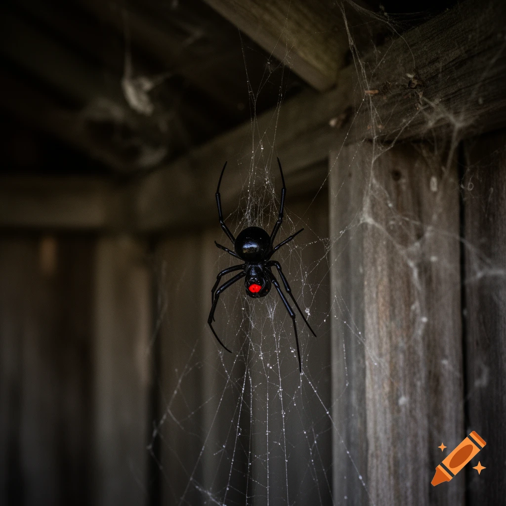 A black widow spider with a prominent red hourglass mark hangs in its intricate web, set against a dark wooden background.
