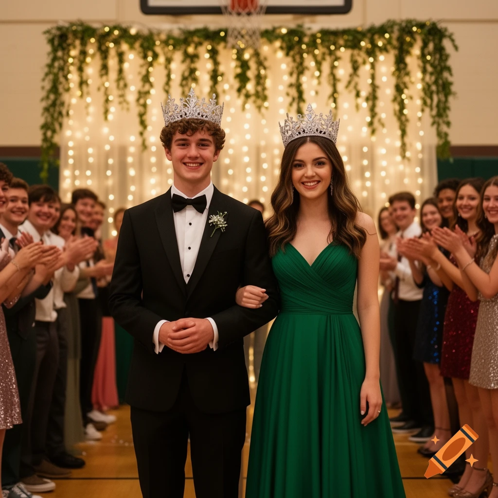 Smiling prom king in a tuxedo and queen in a green gown, wearing crowns, walk past clapping students in a decorated gym.