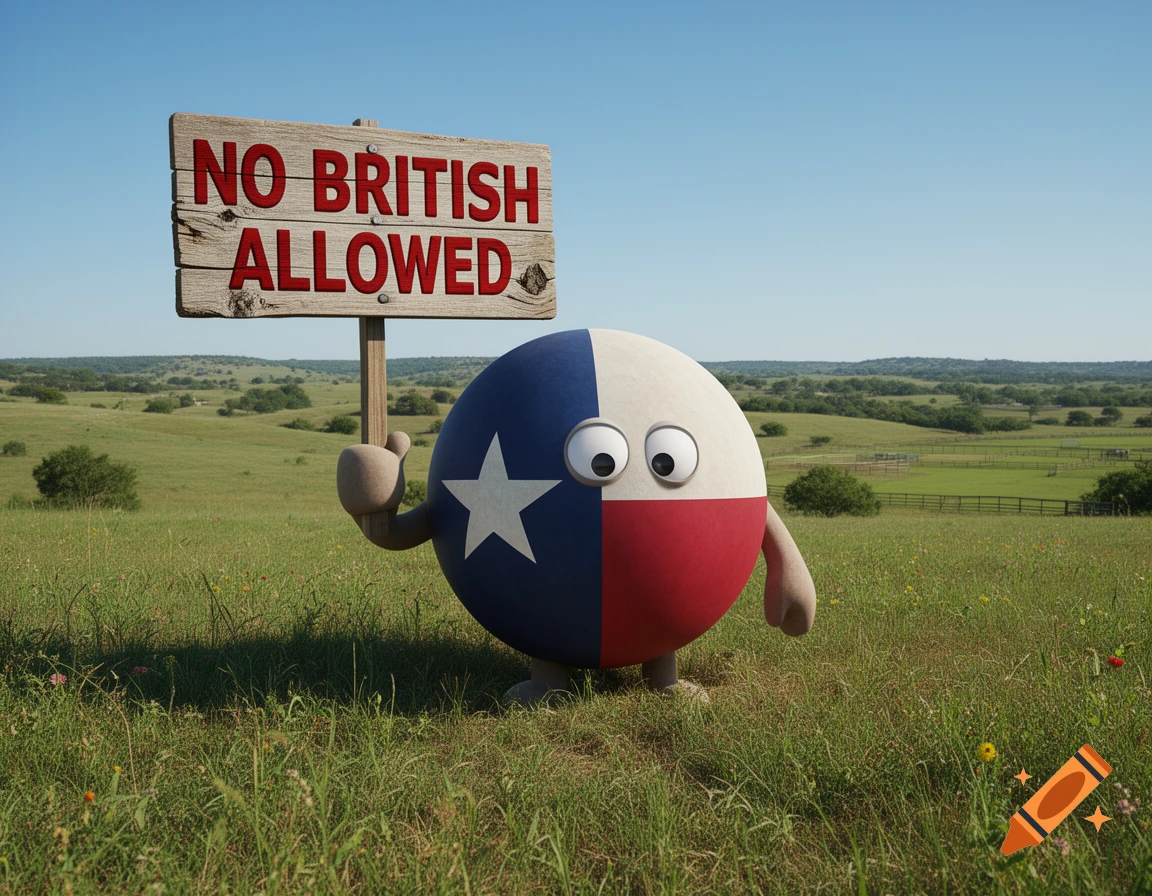 A Texas countryball character holds a wooden sign that reads 'NO BRITISH ALLOWED' in a grassy field under a blue sky.
