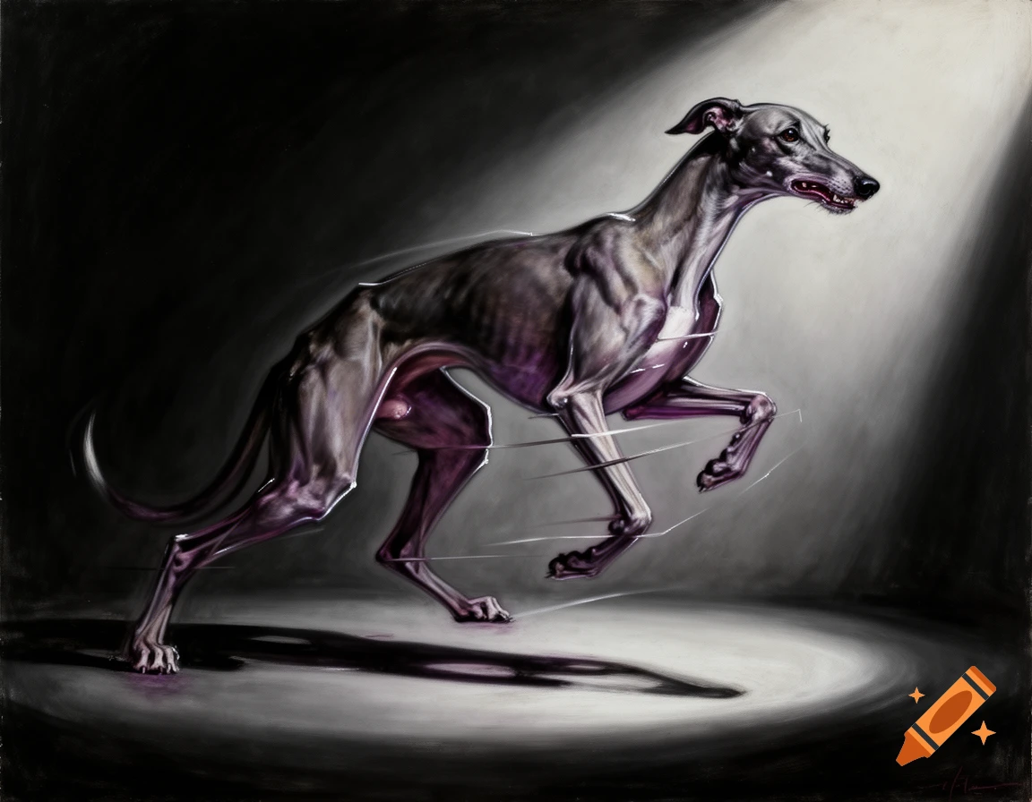 A gaunt greyhound, painted in the style of Francis Bacon, with a stylized 'broken body' appearance, stands in a spotlight.