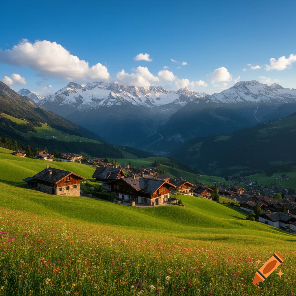 A picturesque Alpine village nestled in a lush green valley with snow-capped mountains under a clear blue sky.
