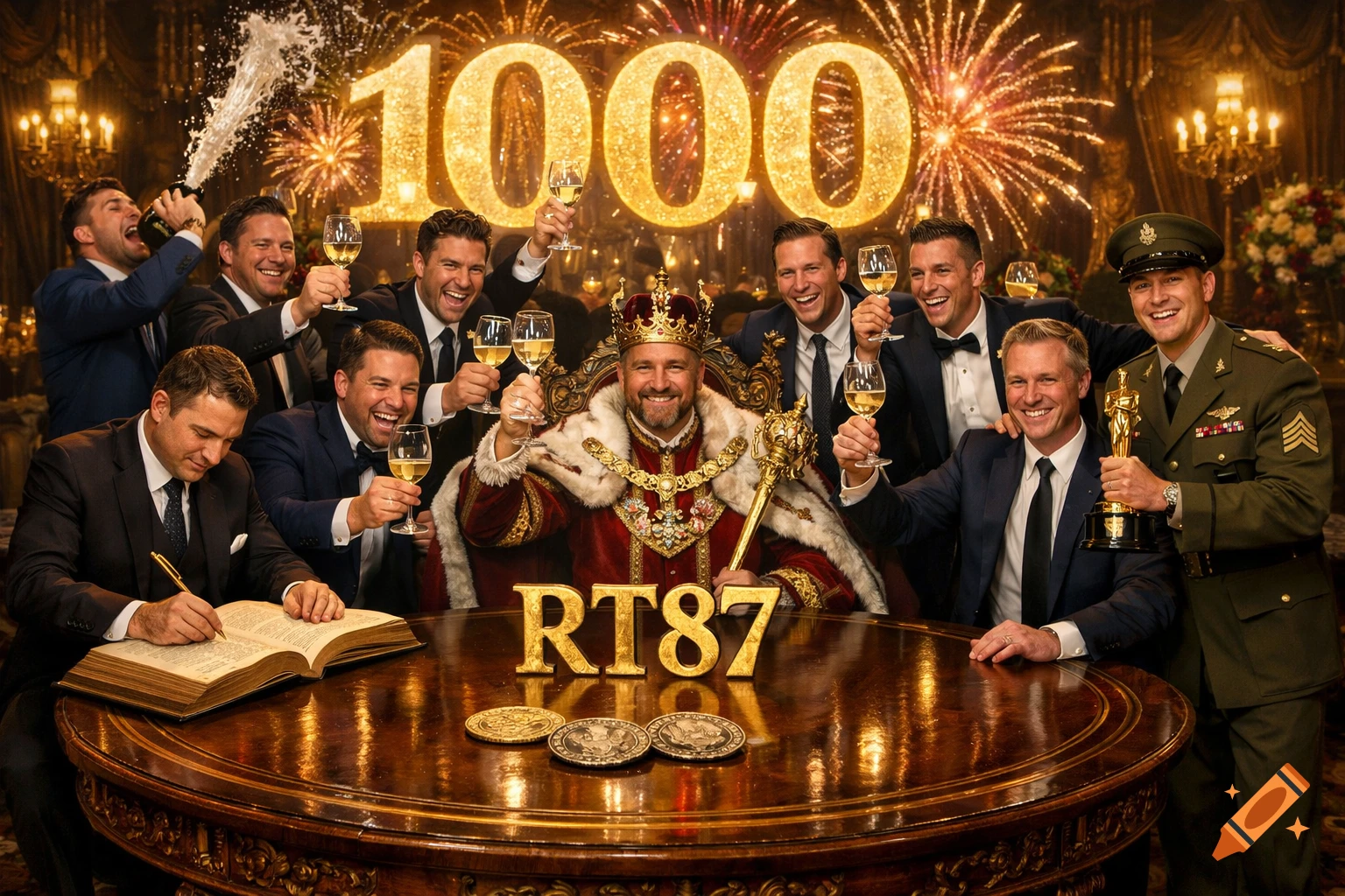 A group of happy men in suits and a king in royal attire celebrate with champagne and wine, with "1000" and "RT87" displayed.