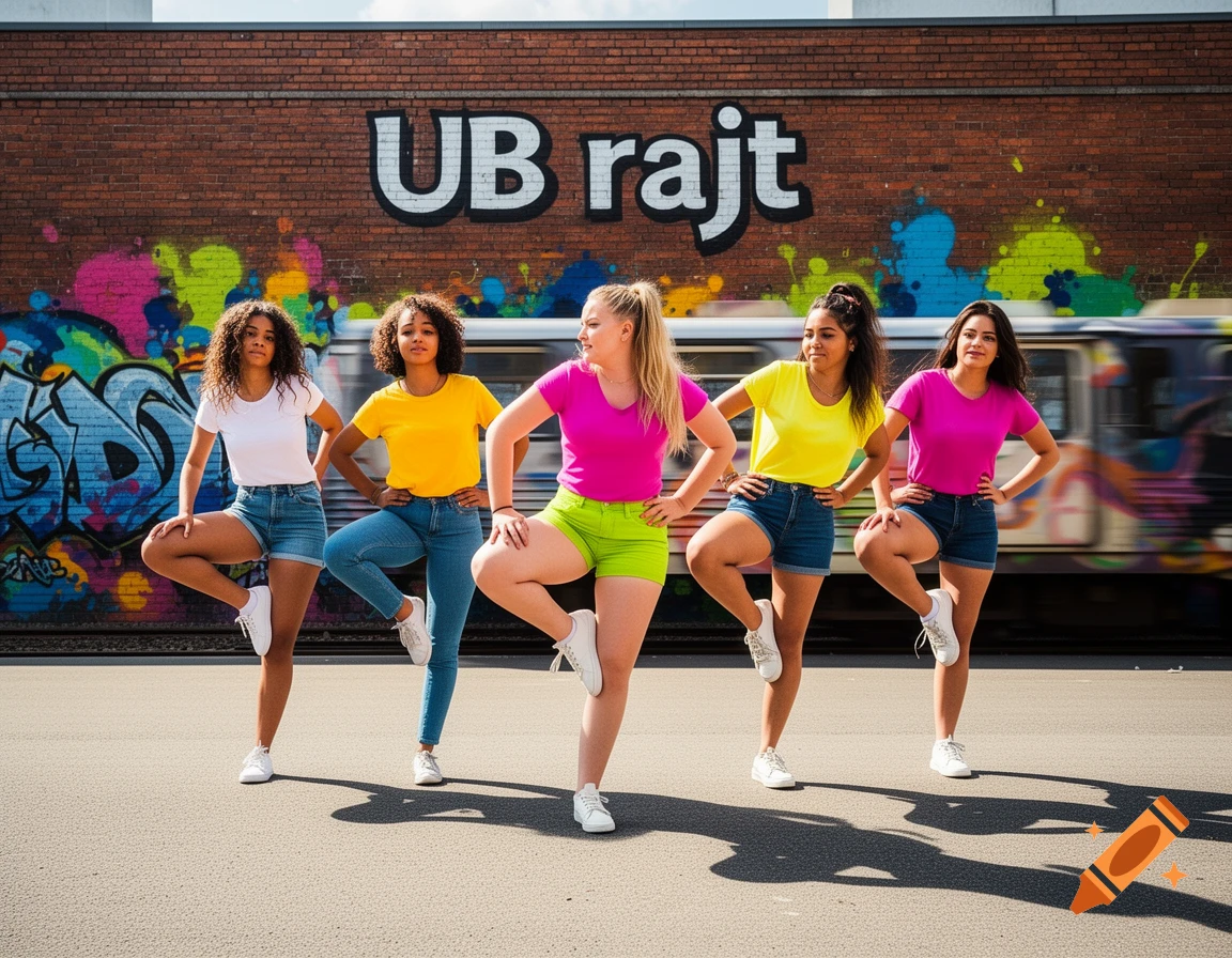 Five diverse young women in colorful clothes pose in a dance-like formation on an urban street, with graffiti and a blurry train. Photorealistic.