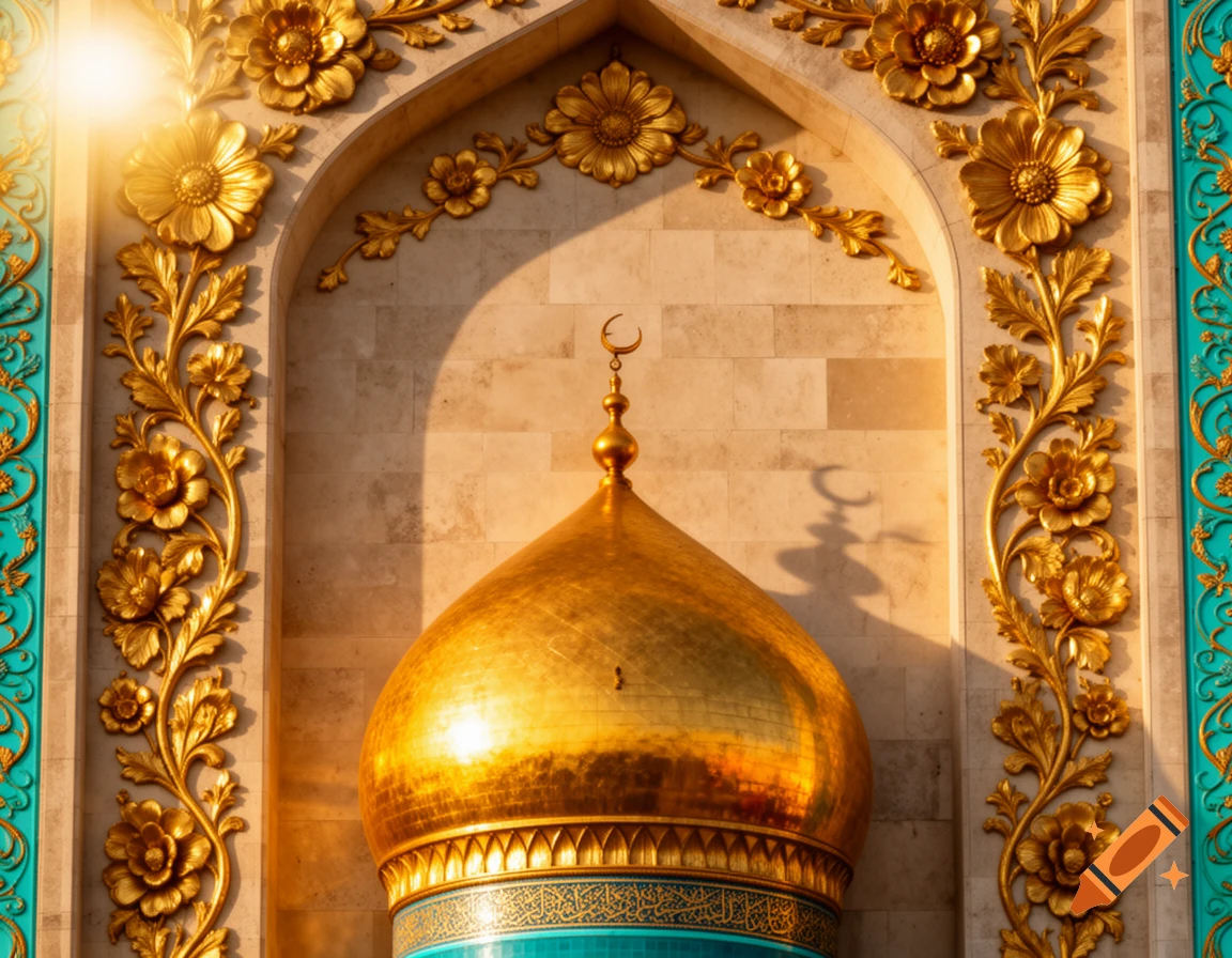 Ornate golden mosque dome with a crescent moon, framed by gold floral patterns and turquoise accents under warm sunlight.