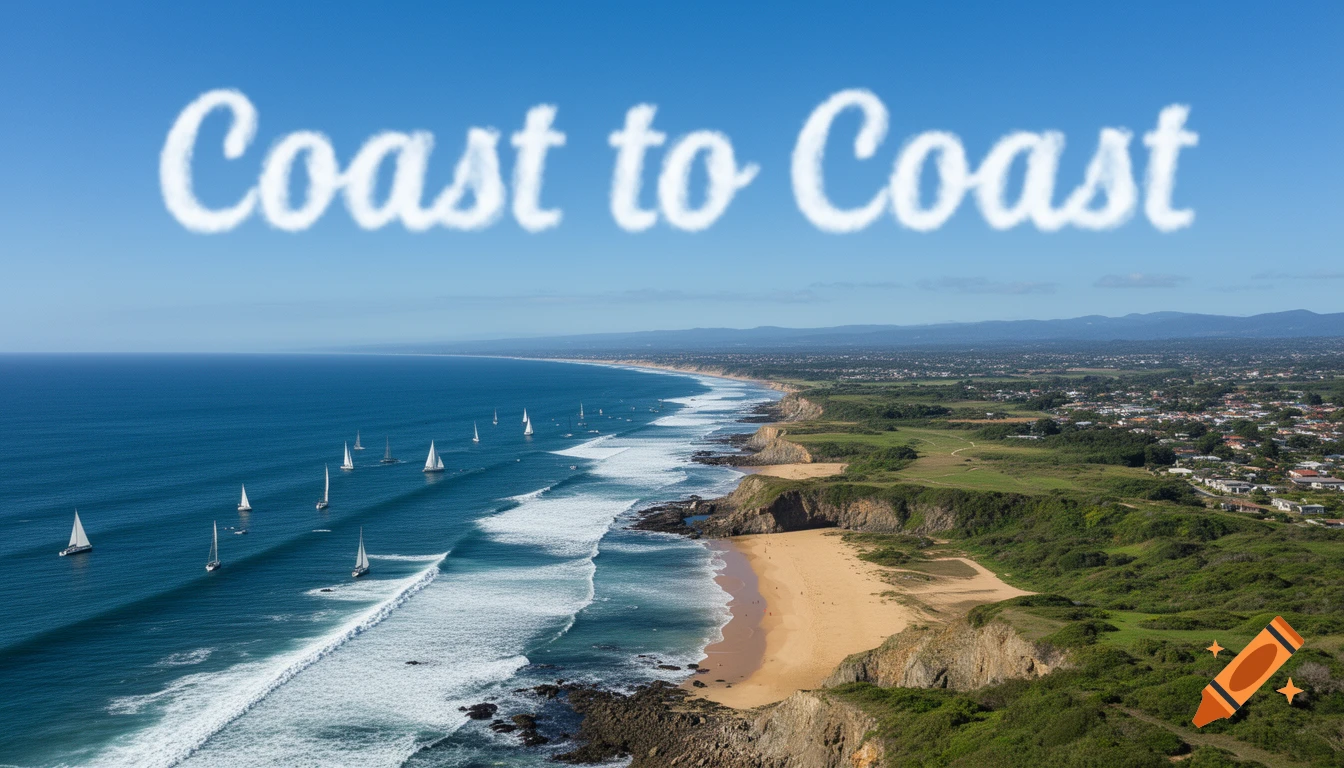An aerial view of a scenic coastline with sailboats on the ocean and "Coast to Coast" written in cloud-like text in the blue sky.