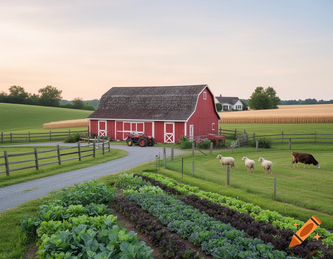 Photorealistic farm scene with a red barn, tractor, rows of crops, sheep, and a cow grazing in a fenced field at sunset.