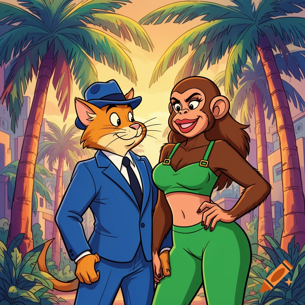 A cartoon cat in a blue suit and hat stands next to a female monkey in a green crop top and leggings, set against a sunset tropical background.