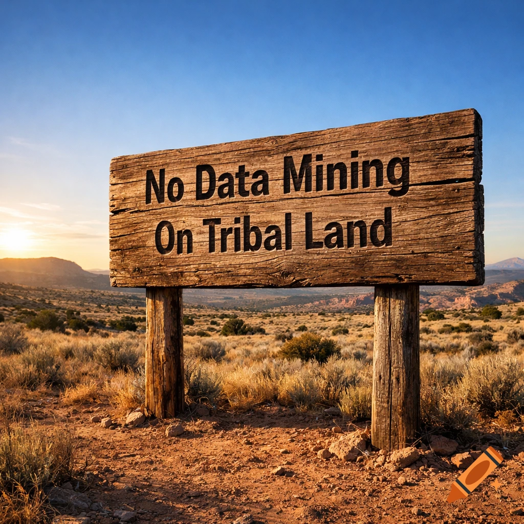 A weathered wooden sign in a sunny desert landscape with mountains and brush reads 'No Data Mining On Tribal Land'.