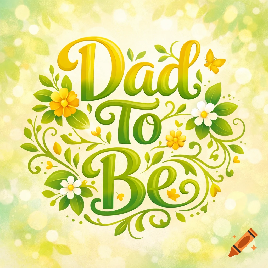 Decorative "Dad To Be" text in yellow and green, surrounded by green vines, yellow and white flowers, and a small butterfly on a soft green background with bokeh.
