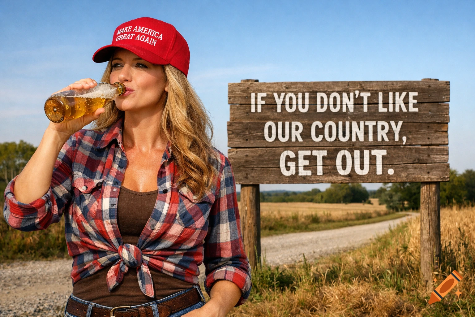 Woman in a 'Make America Great Again' hat drinks from a beer bottle next to a wooden sign on a dirt road, which reads 'IF YOU DON'T LIKE OUR COUNTRY, GET OUT.'