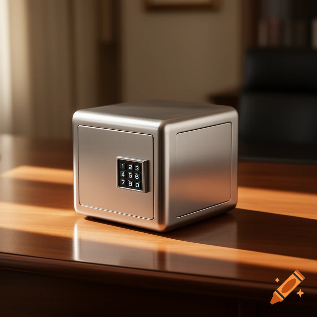 A realistic silver safe box with a digital keypad sits on a polished wooden desk, illuminated by natural light.