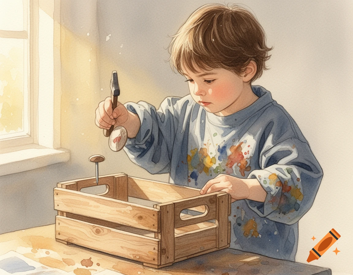 A young boy with brown hair in a paint-splattered shirt uses a small hammer to tap a nail into a wooden crate in watercolor style.