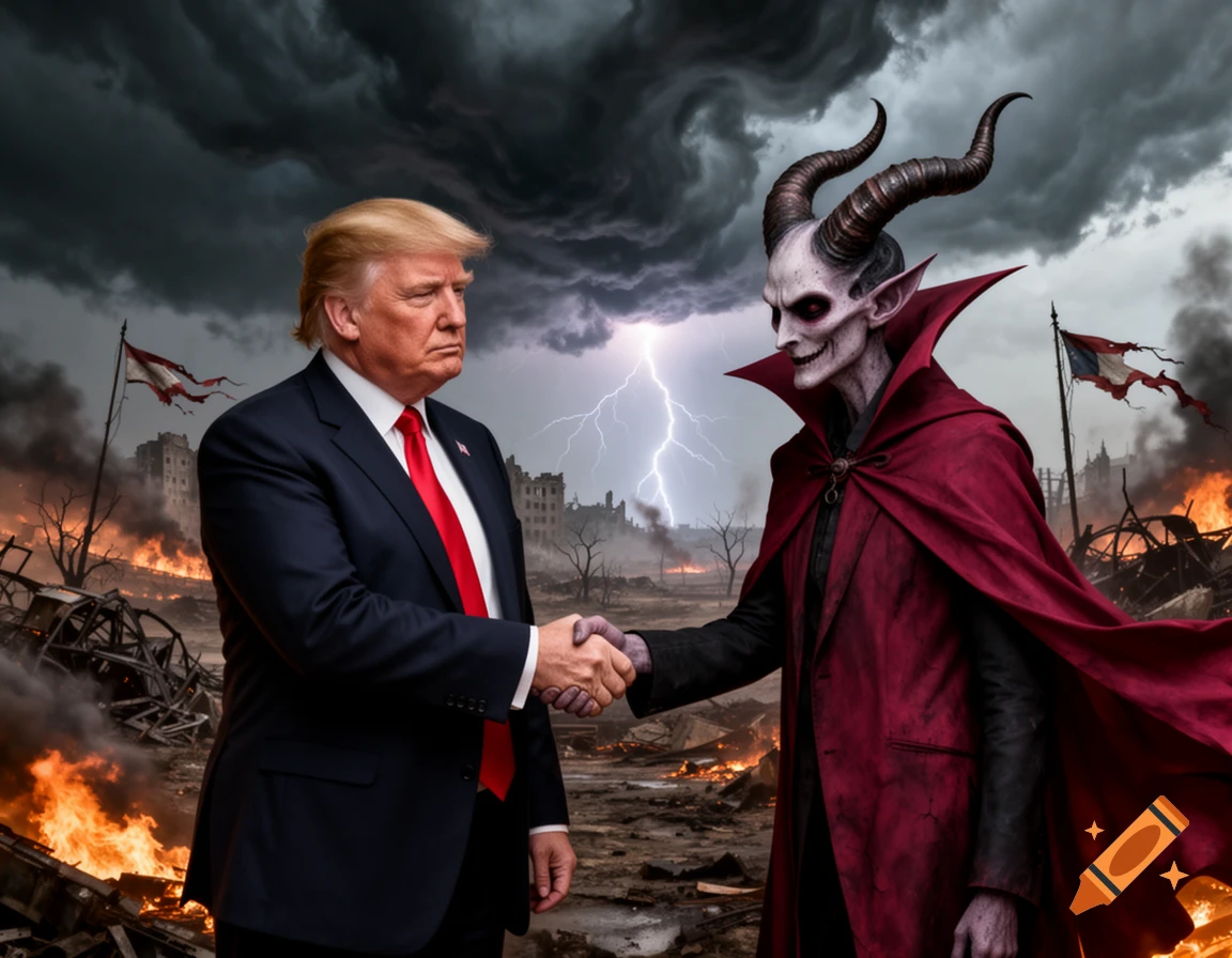 Donald Trump shakes hands with a red-robed demon with horns against a backdrop of a burning, ruined city with lightning.