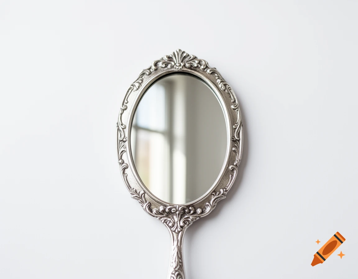 An ornate silver hand mirror reflecting a window, set against a plain white background.
