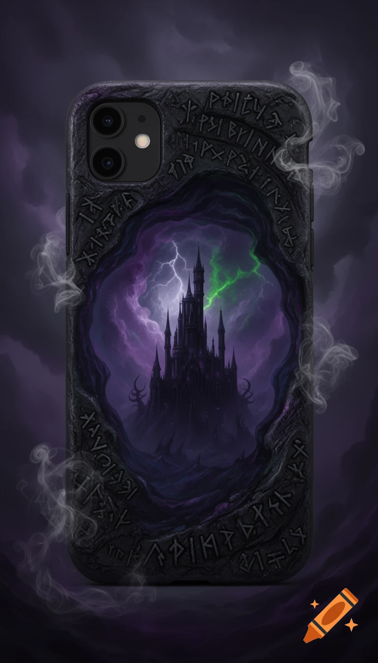 A dark fantasy-themed iPhone case featuring a black castle under purple and green lightning, framed by carved runes on a stone-like texture, with smoke tendrils rising.