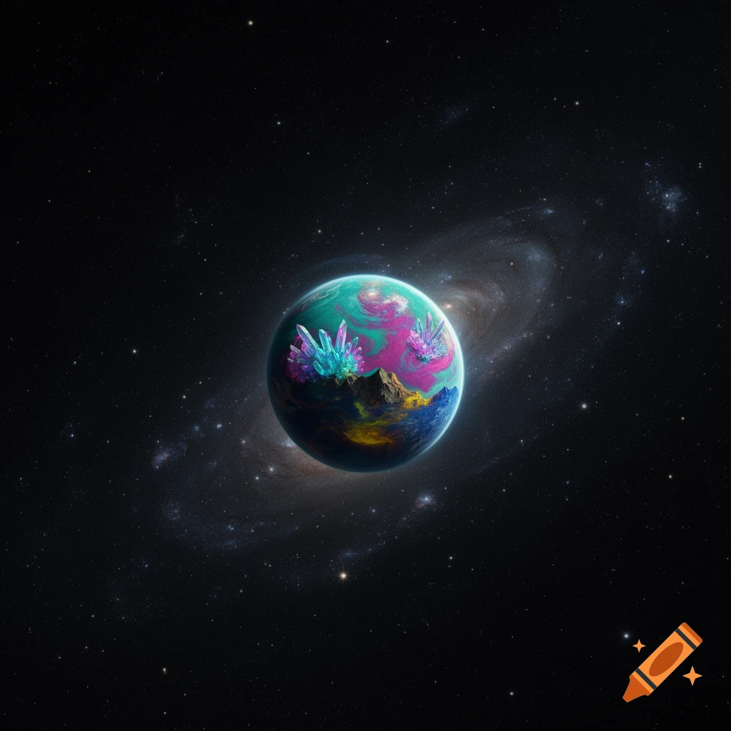 A vibrant, multicolored planet with glowing teal and pink crystal formations on its surface, set against a star-filled galaxy.