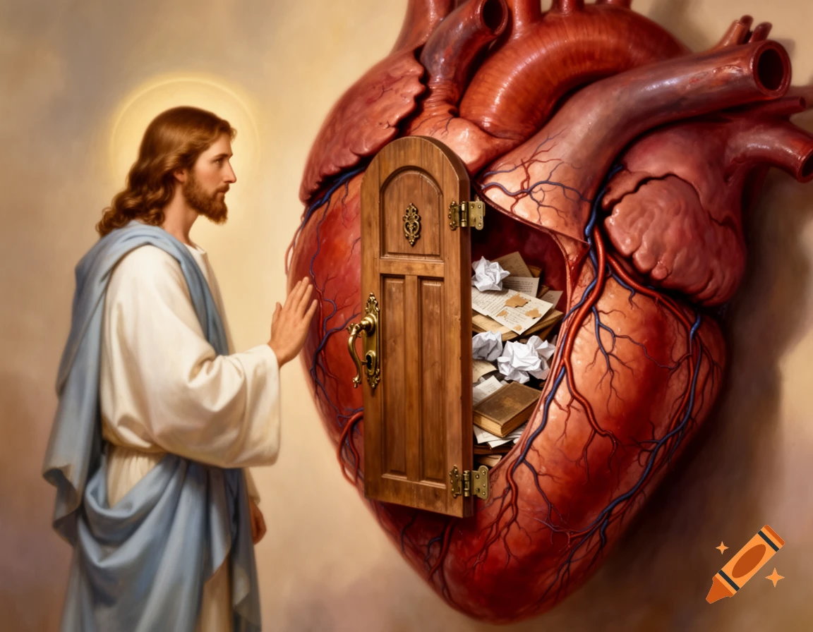 Jesus stands by a large anatomical heart with an open wooden door, revealing crumpled papers and a book inside, in a painterly style.