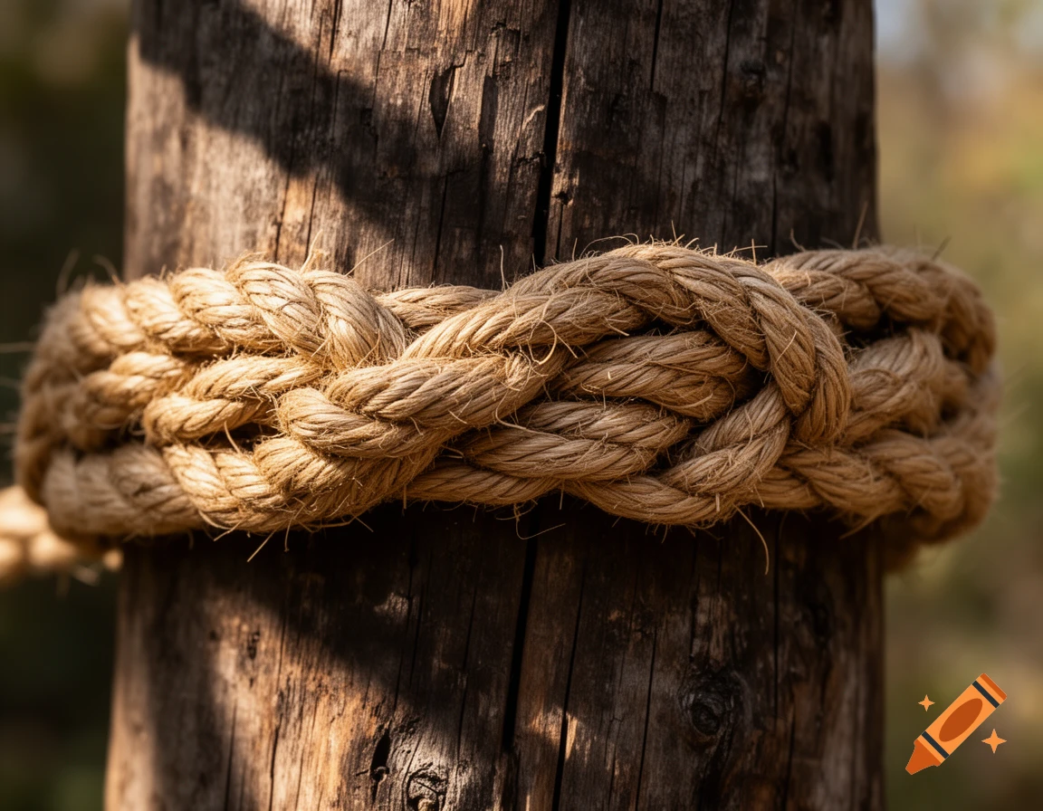 A thick, textured brown rope is tied in a tight knot around a weathered wooden post, illuminated by natural light.