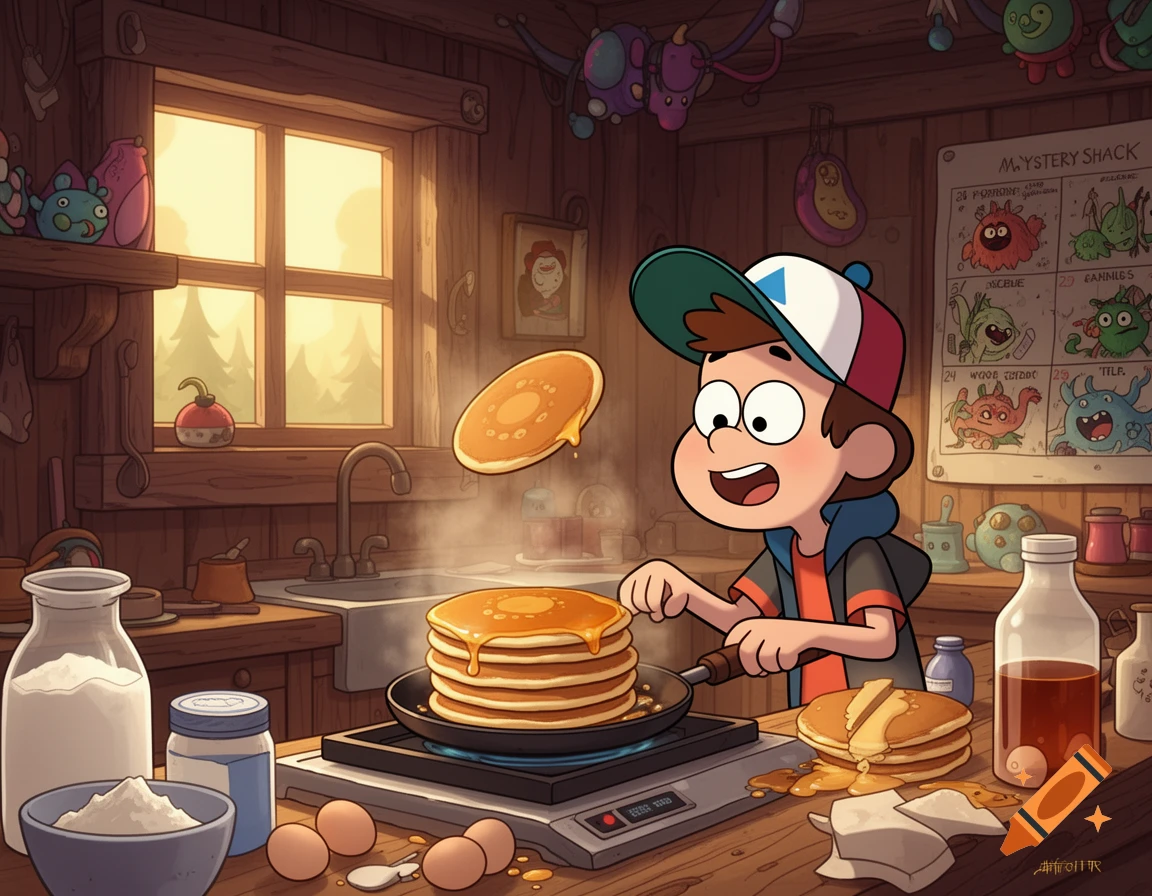 Dipper Pines from Gravity Falls happily flips a pancake in a rustic cartoon kitchen, with a tall stack of pancakes on the stove.