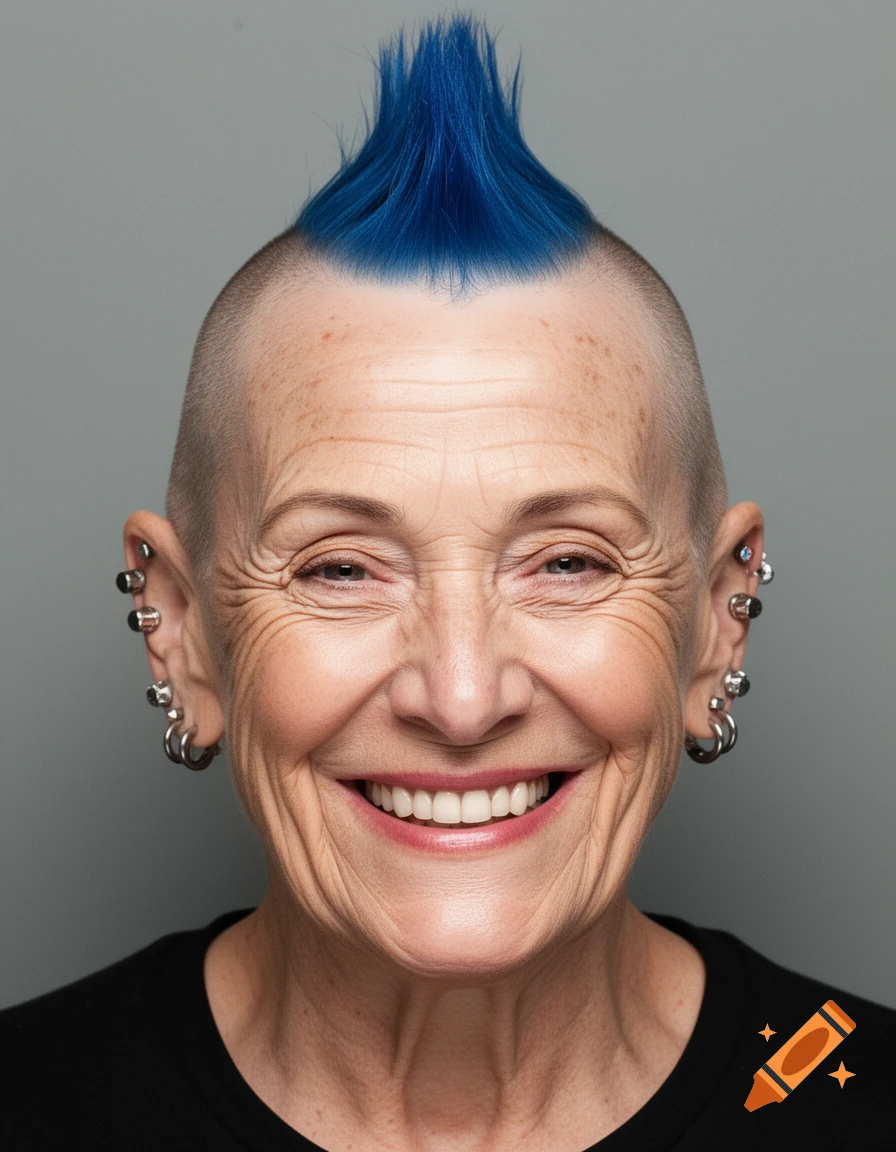 Close-up portrait of an elderly woman with a blue punk mohawk and numerous ear piercings, smiling.