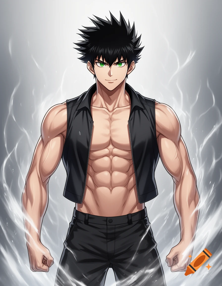 An anime-style muscular man with spiky black hair and green eyes, wearing an open black vest and black pants, stands confidently with a powerful aura.