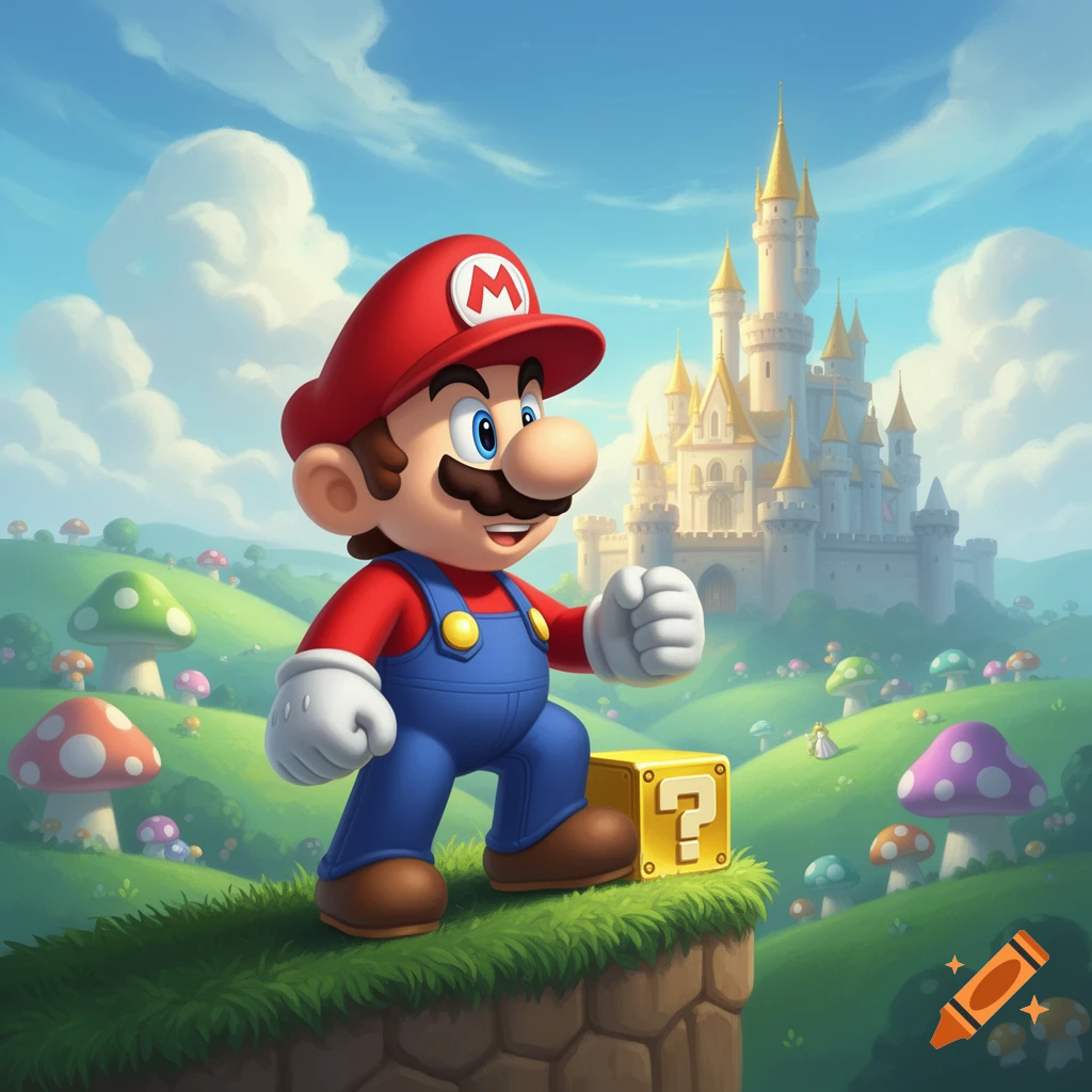 Mario stands on a grassy cliff with a question block, looking towards a golden-topped castle in a vibrant cartoon landscape with mushrooms.