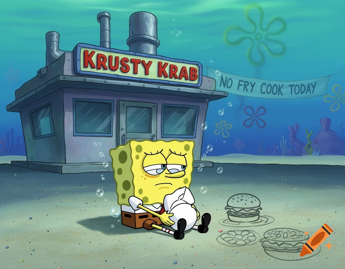 Spongebob Squarepants sits sadly on the ocean floor in front of the Krusty Krab, which has a banner reading 'NO FRY COOK TODAY'.